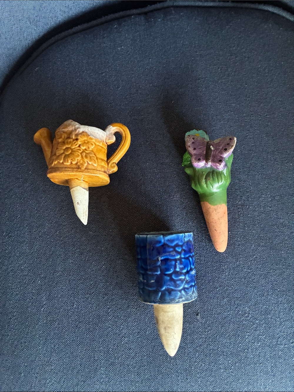 Vintage Ceramic Garden Stakes Watering Can, Blue Textured, Colorful Butterfly